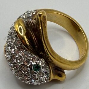 Vintage sz7.5 YG/wg plated? DIAMOND & green STONE eye DOLPHIN COCKTAIL RING @9g